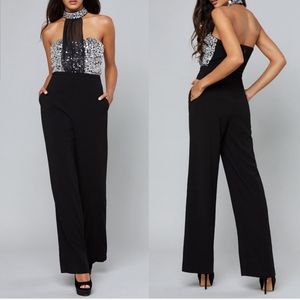 Bebe Mirrored Beaded Mock Neck Jumpsuit